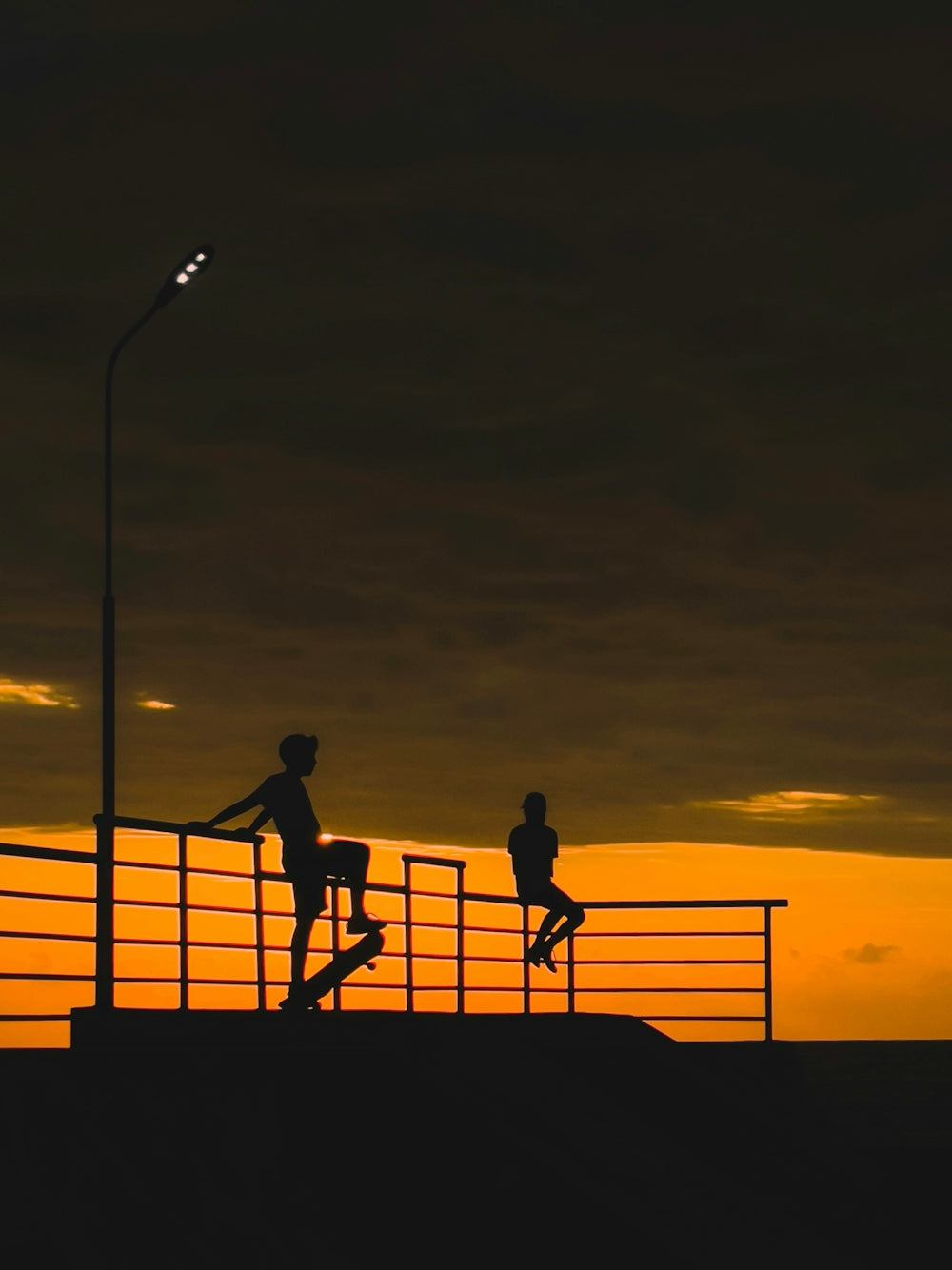 silhouette of 2 men standing on a beach during sunset
